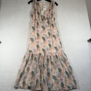 Melló Day Dress Womens Medium Pink Floral Leaf Print Ruffle‎ Hem Midi Sundress